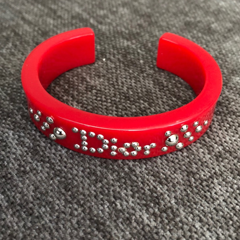 Dior Red Acrylic Bangle w/ Silver-Tone Gemstones